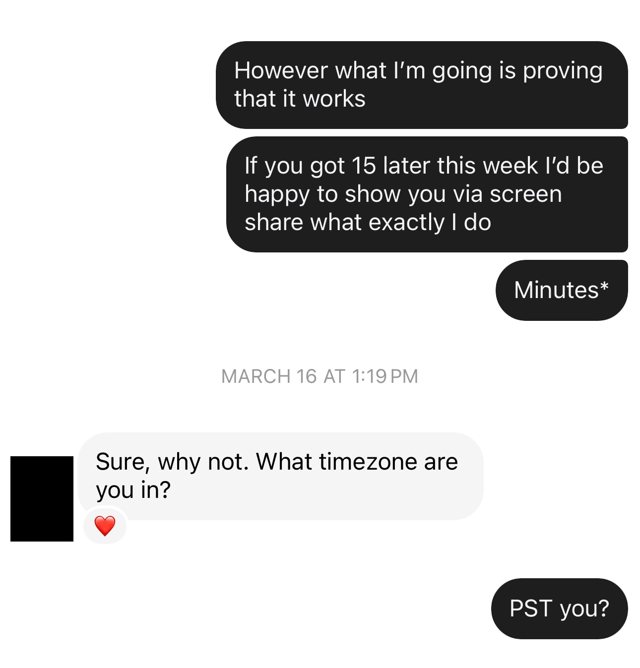 Continuation of the same conversation. The author offers a 15-minute screen share to demo what he does. The founder agrees and asks for the timezone.